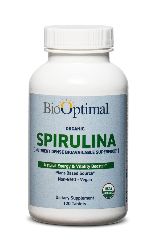 BioOptimale Bio-Spirulina-Tabletten - Bio, Nicht-GVO, keine Zusatzstoffe oder Füllstoffe - 500 mg Premium-Qualität Nahrungsergänzungsmittel mit Vitaminen, Mineralien und Antioxidantien (120 Tabletten)