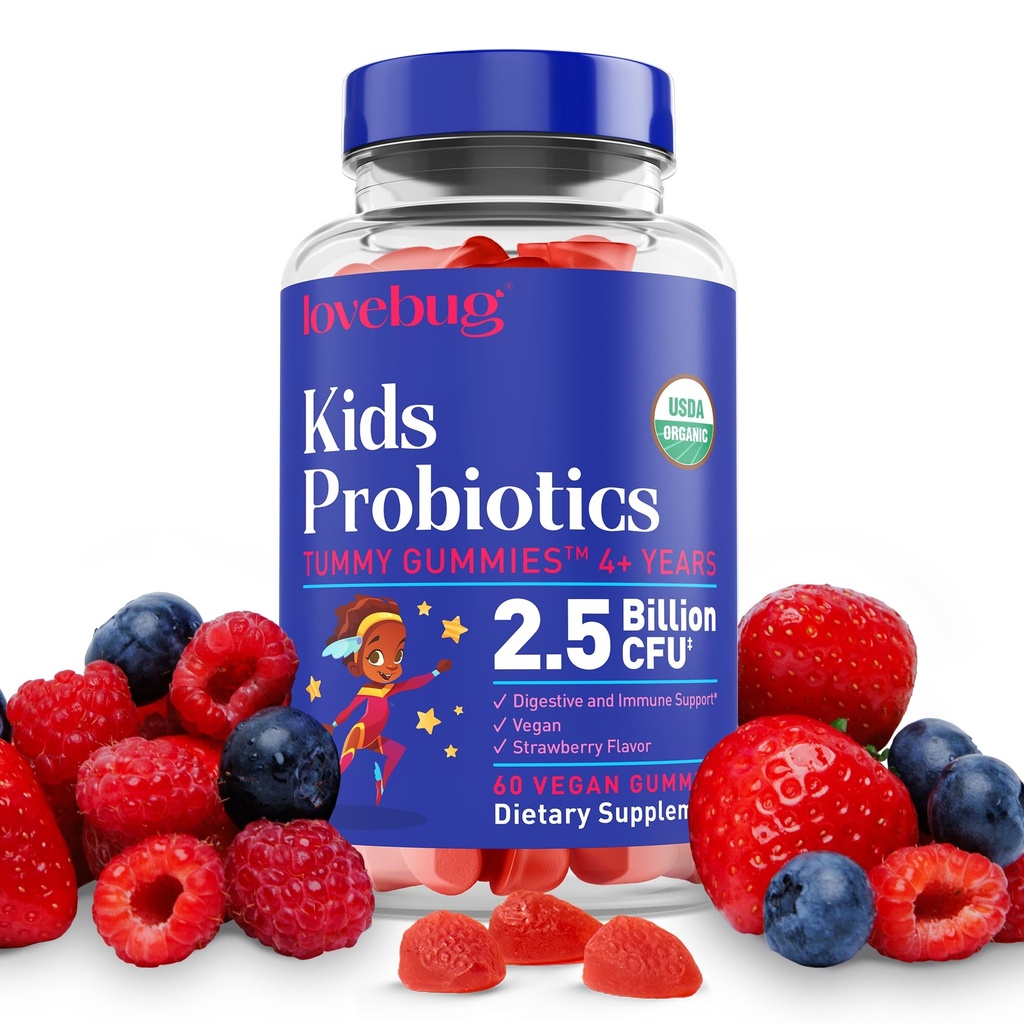 LOVEBUG Kids Probiotic Gummies – Organic Chewable Probiotics for Kids Aged 4+, Bodenbasierte Kinder Probiotic for Gut Health,Constipation, Verdauungs- und Immununterstützung, Vegan, 60 Chews, Erdbeere