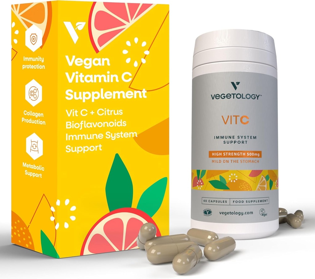 Vegane Vitamin C-Ergänzungen — VIT C + Citrus Bioflavonoide — Vitamine und Nahrungsergänzungsmittel — Tagesergänzungsmittel (60 Kapseln) — Vitamin C 500 mg Kapseln — Antioxidantien-Ergänzungsmittel