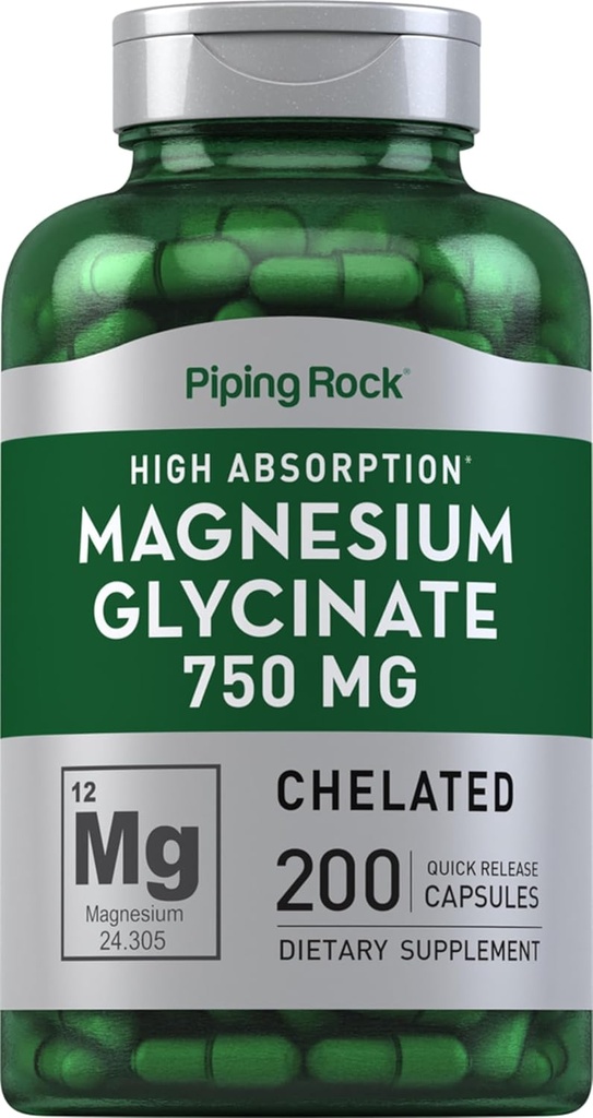 Piping Rock Magnesium Glycinat Kapseln | 750mg | 200 Count | Hohe Absorption | Chelat | Non-GMO und Gluten Kostenlose Ergänzung