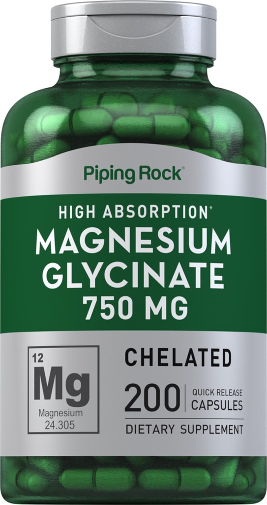 Piping Rock Magnesium Glycinate Kapseln | 750mg | 200 Pillen | Chelated Supplement | Hohe Absorption | Nicht-GVO und Glutenfrei