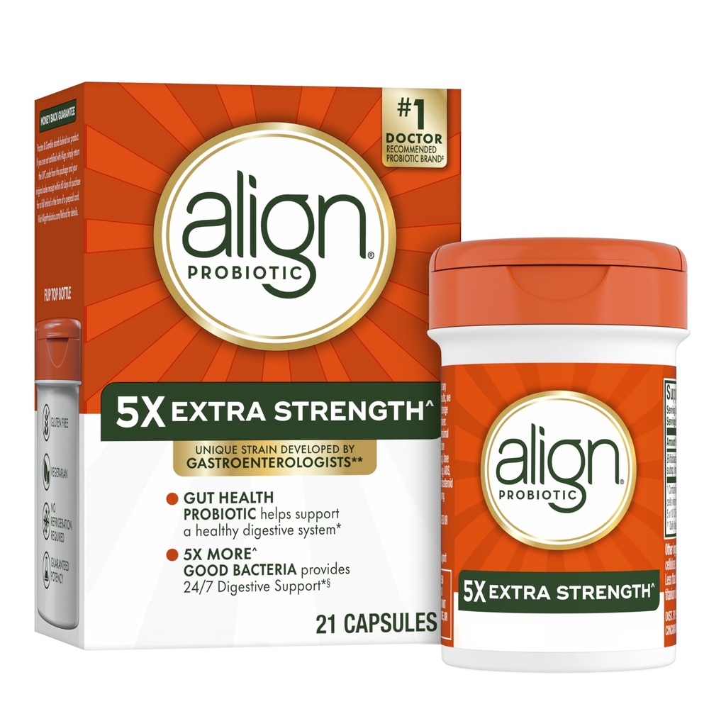 Alignez Probiotic Extra Strength, Probiotics for Women and Men, #1 Doctor Recommandé Marque, 5X Plus de bonnes bactéries^ pour aider à soutenir un système digestif sain*, 21 capsules (Packaging May Vary)