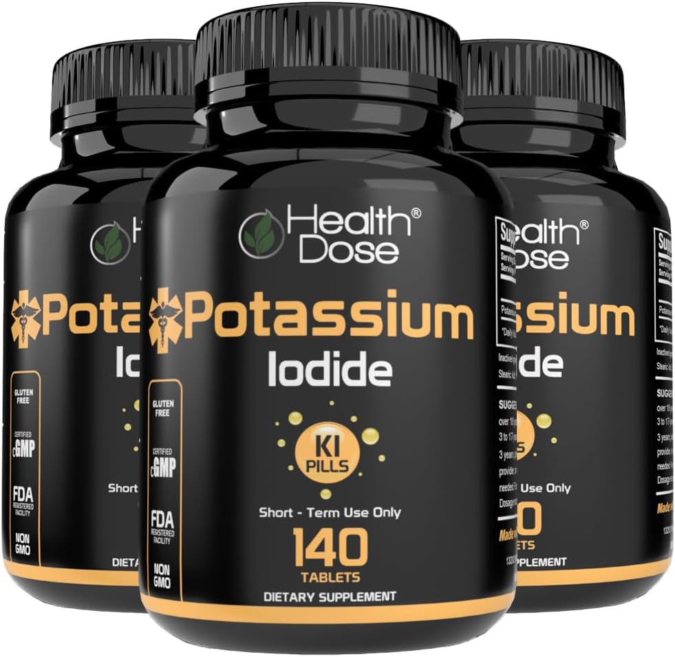 Health Dose Potassium + Iodide (KI) Tablets – 130mg 140 Tablets – für Schilddrüsenunterstützung, Zellulärer Stoffwechsel & Elektrolyt Balance – Non-GMO, Glutenfrei, GMP Zertifiziertes Pack von 3
