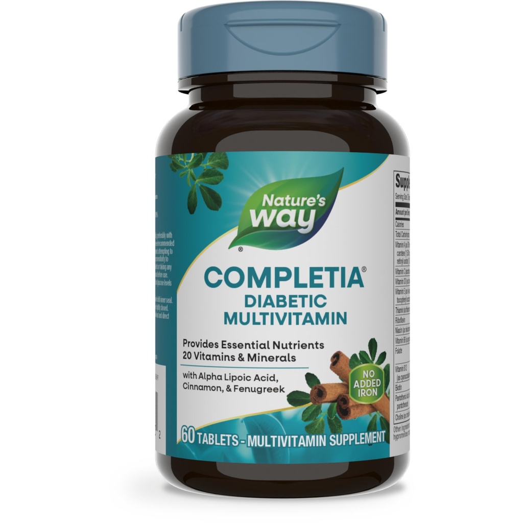 Nature's Way Completia Diabétique Multivitamine, Fournit des nutriments essentiels, avec acide alpha lipoïque, cannelle, fenugréek, taurine, lutéine, haute puissance B-vitamines, 60 comprimés (paquetage mai Vary)