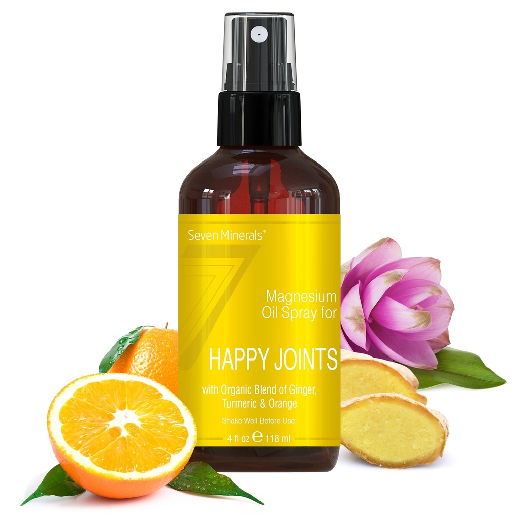 Seven Minerals, Magnesium Happy Joints Spray - Powerful USA Made Magnesium Oil Blend with Essential Oils (Turmeric, Ginger und Orange) - Free Ebook Included (4 fl oz)