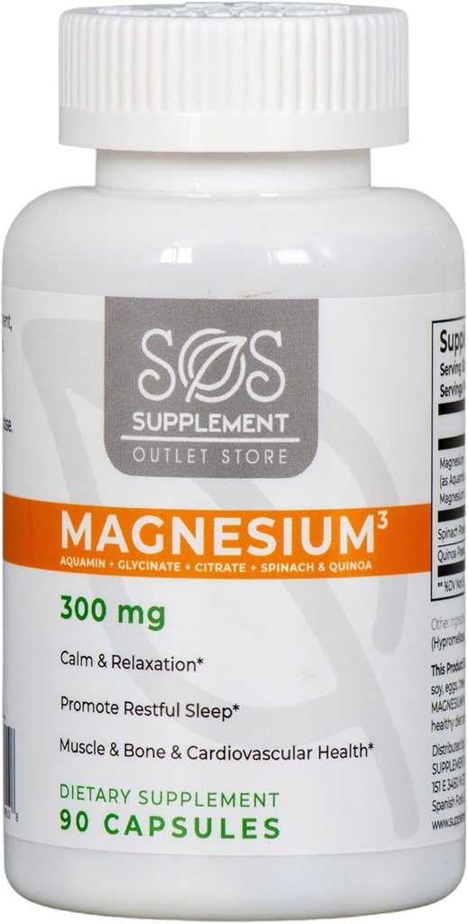 SOS Magnesium Complex - 300mg Capsules of Magnesium Glycinate, Aquamin Magnesium & Magnesium Citrate for Muscle Relaxation, and Sleep, High Absorption, Vegan, Non-GMO 45 Servings