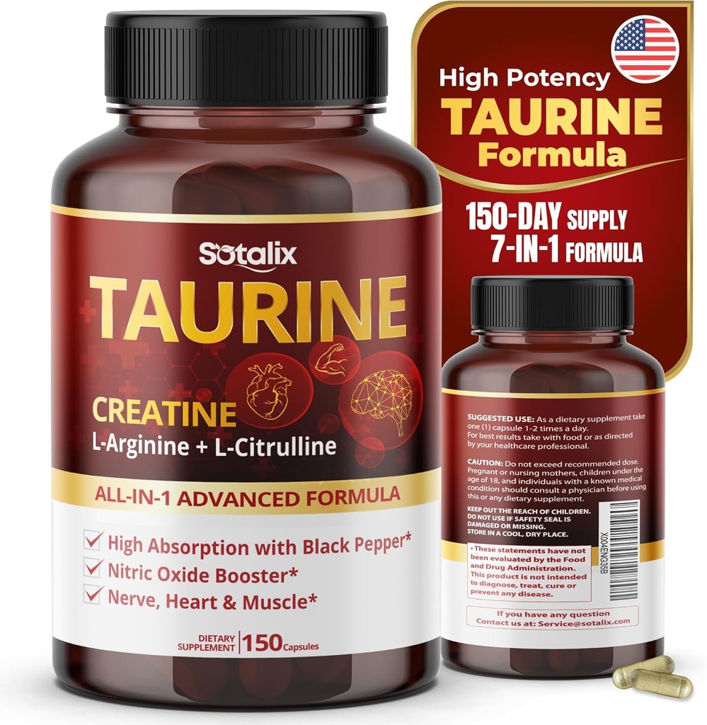 Taurine mit Kreatin, L-Arginin, L-Citrulline Hohe Absorption mit schwarzem Pfeffer Nitric Oxid Booster, Muskel USA Made & Tested (150 Count (Pack von 1))