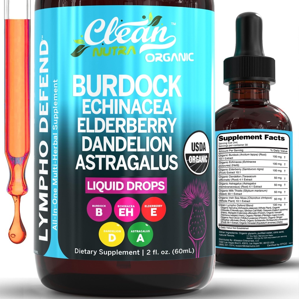 Organic Lymphatic Drainage Supplement | Lymphatic Support Drops | Burdock Root Echinacea Elderberry Dandelion Astragalus Milk Thistle Sea Moss Red Clover Cleanse Marigold Drop von Clean Nutra