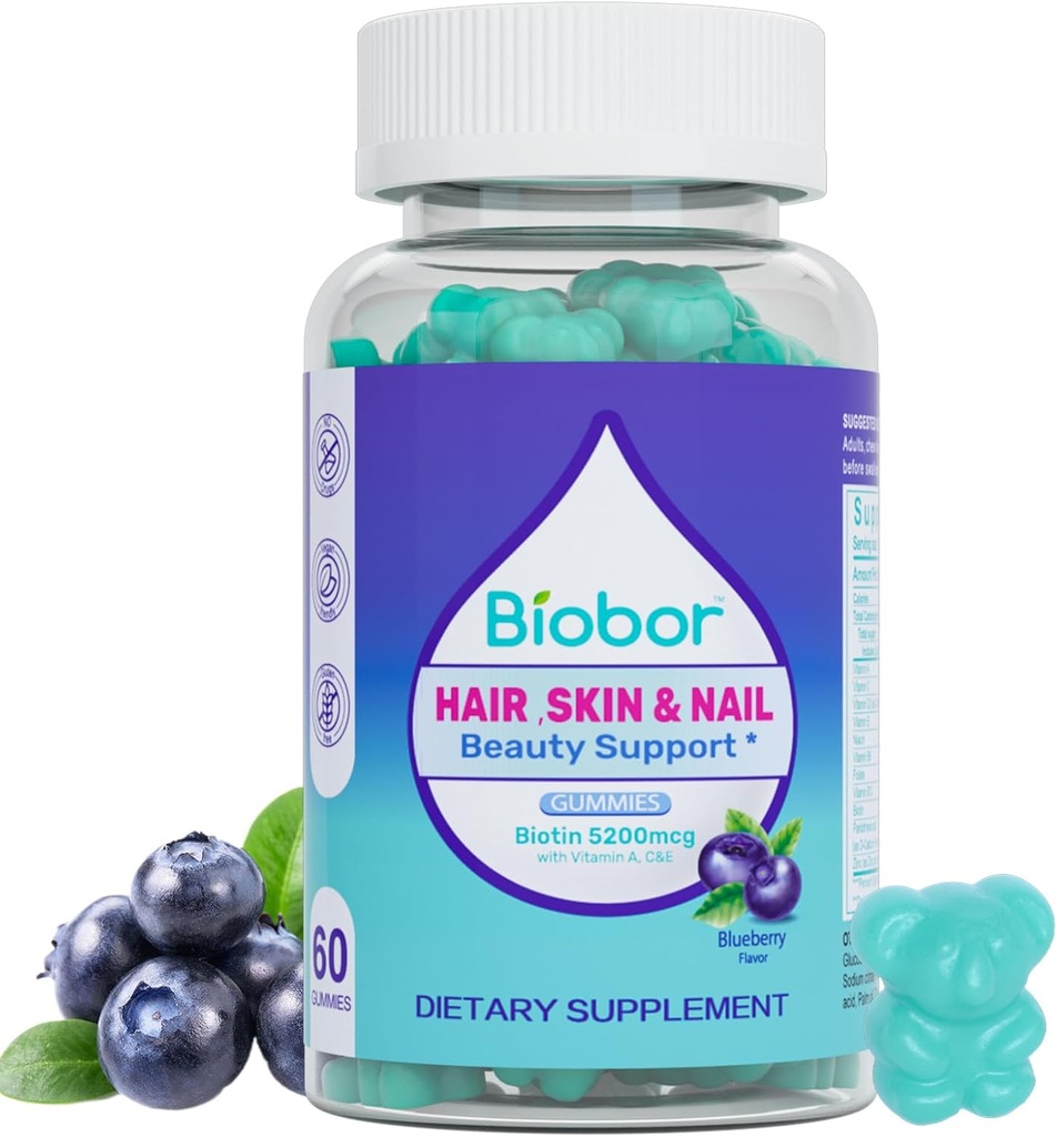 Peau de cheveux et ongles Vitamines Gummies,5200 mcg Biotine Vegan Supplément à croquer pour les femmes hommes avec des vitamines A C D E, Flavored Blueberry, 60 Compte (Random Packing)