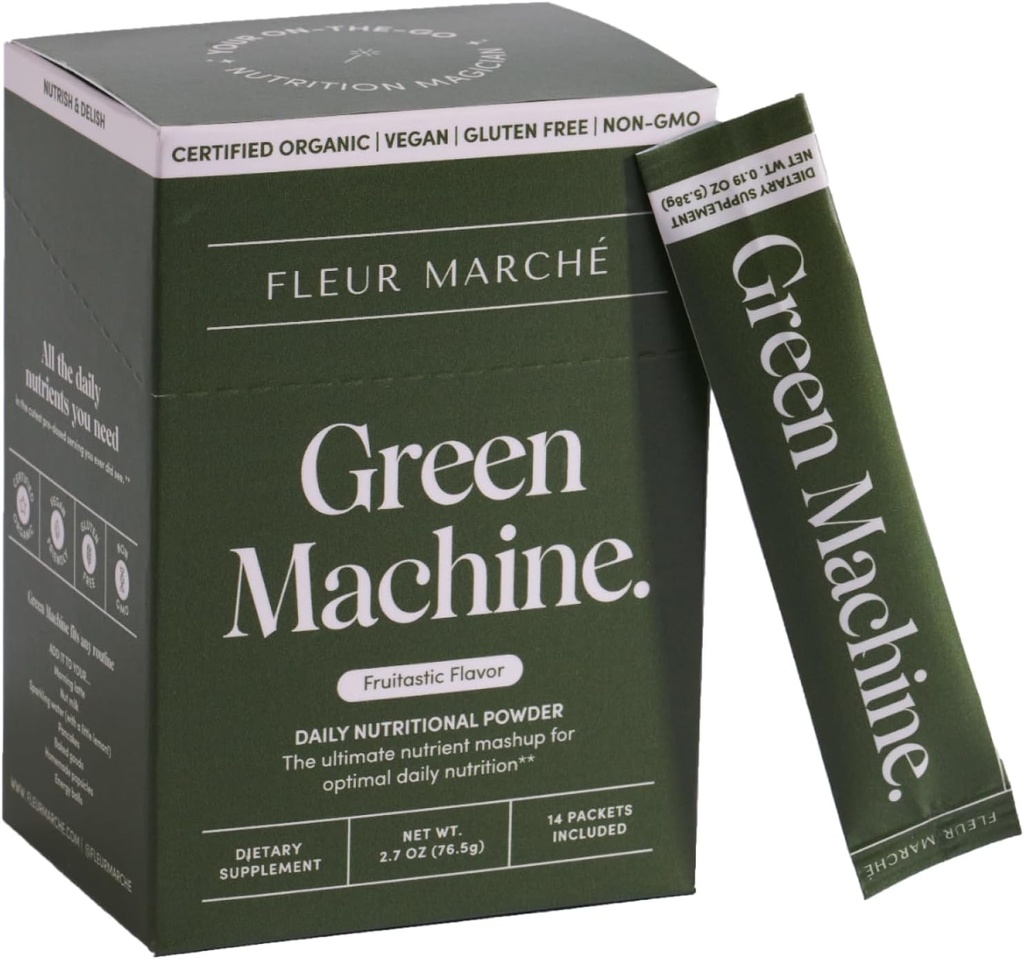 Fleur Marche Green Machine Super Greens Powder Packets - Bio Greens, Fruit & Probiotics - Superfoods für Verdauung, Energie, Microbiome Support & Detox - On-The-go Green Juice - 14 Pakete