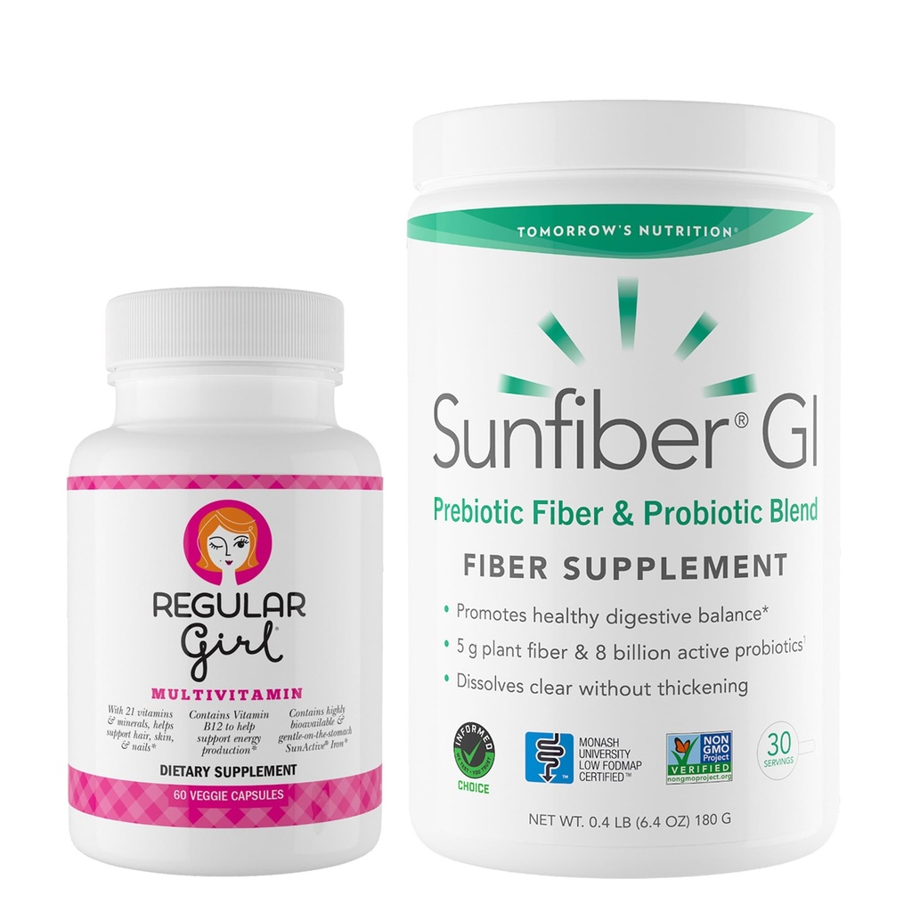 Regular Girl Tomorrow's Nutrition, Women’s Multivitamin (30 Servings) and Sunfiber GI Probiotic Powder (30 Servings) Bundle, Energy and Low FODMAP Digestive Support