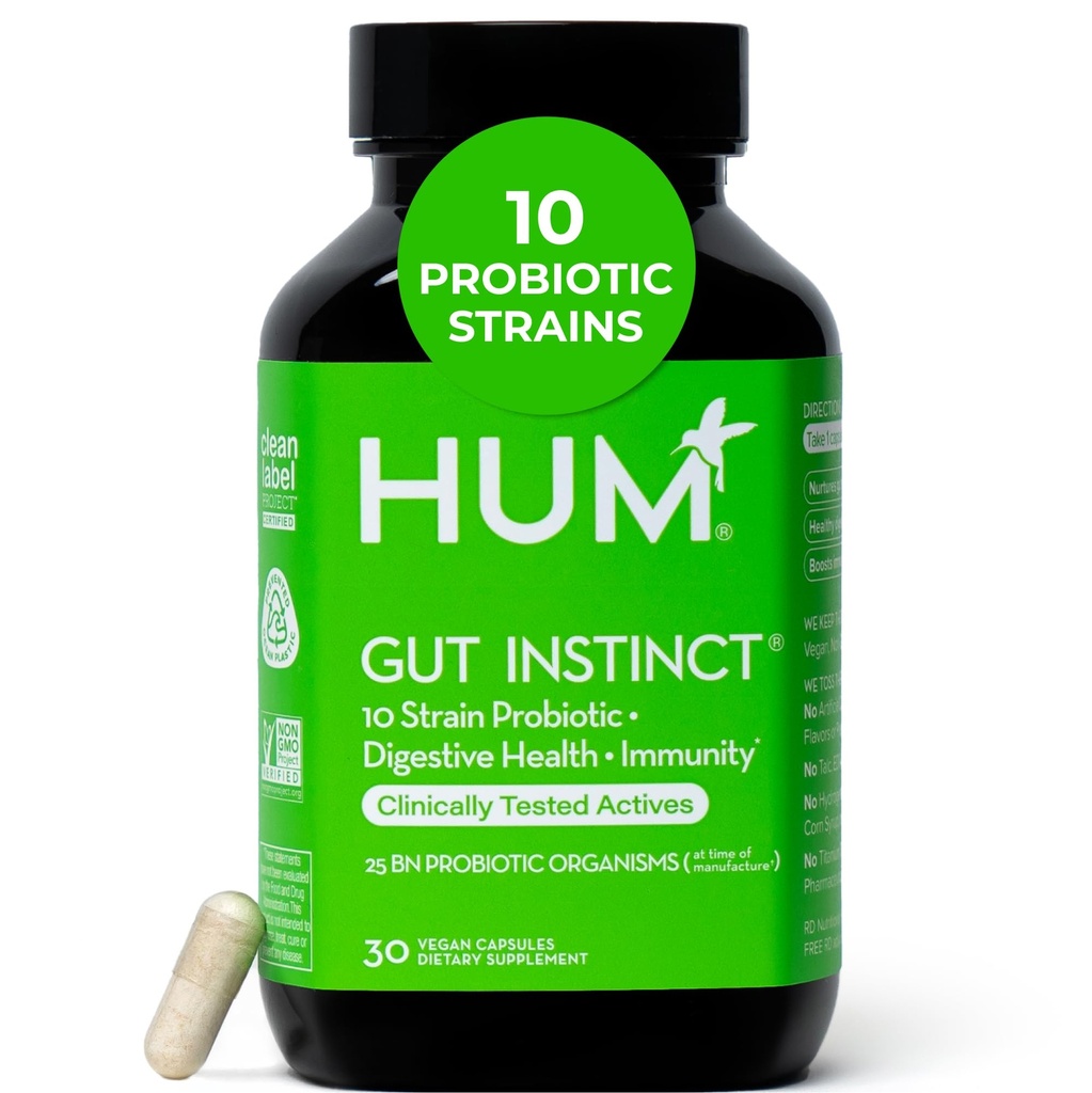 HUM Gut Instinct Daily Probiotics for Women and Men, Digestive Health, Lactobacillus, Bifidobacterium Strains for Immune Support, Probiotic Supplement for Healthy Gut Diversity, 30 Kapseln