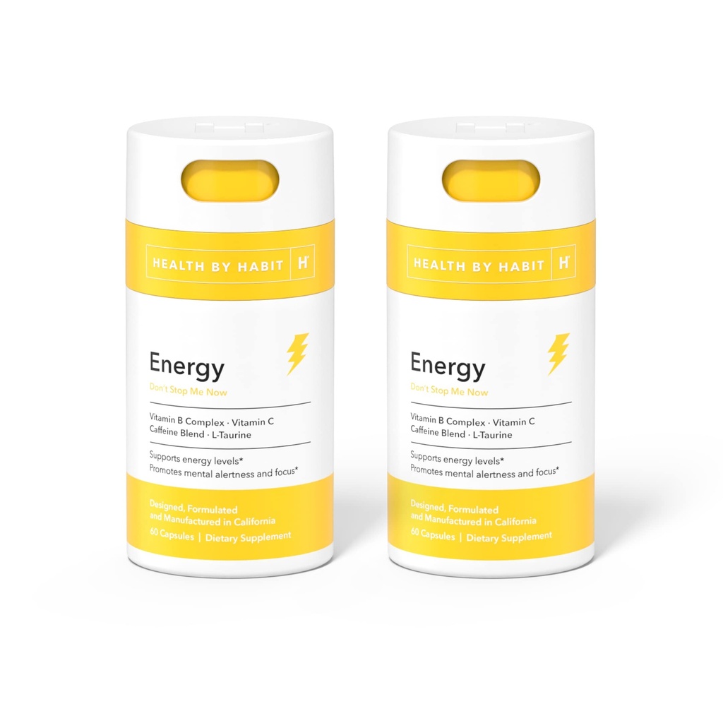 Santé par Habit Energy Supplement 2 Pack (120 Capsules) - Natual Caffeine Blend, Vitamines B & C, soutient les niveaux d'énergie, favorise l'alerte mentale et la concentration, végétalien, non-OGM, sans sucre (2 Pack)