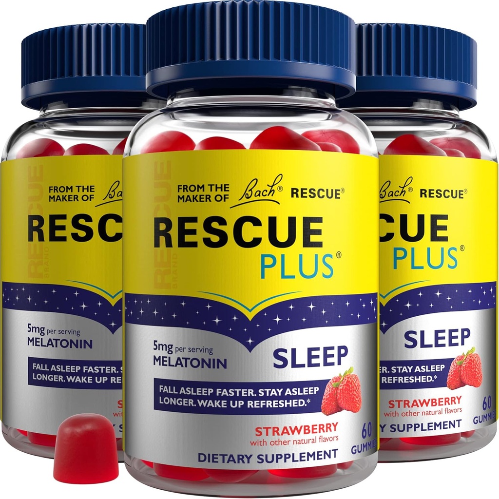 Bach RESCUE PLUS Melatonin Schlaf-Gummi, natürliche Erdbeer-Flamvor, Schlafhilfe, Nahrungsergänzung, Vegan, Glutenfrei, keine künstlichen Aromen, Farben oder Süßungsmittel, 3 Packung, 180 Count Total