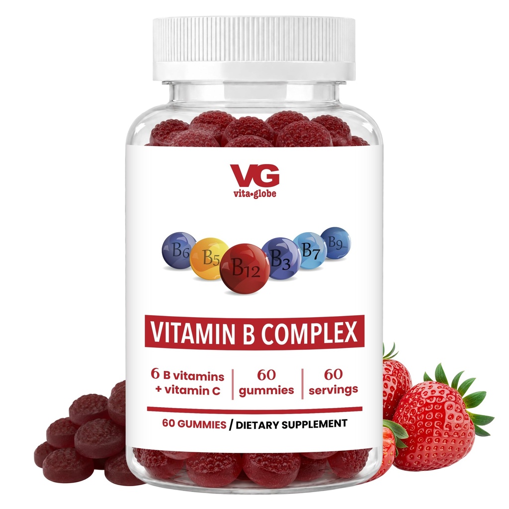 VITA GLOBE B Complex Gummy Vitamines – Flaveur de fraises avec vitamine C, Niacine, B6, B12 & Biotin.com Supplément quotidien pour l'énergie, le métabolisme et le soutien cognitif.
