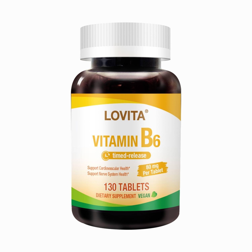 Lovita Vitamin B6 (Pyridoxin-Hydrochlorid) 80mg, Timed Release, 8 Stunden Sustained, Unterstützung Herz-Kreislauf- & Nerve-Gesundheit, 130 Vegan Tablet
