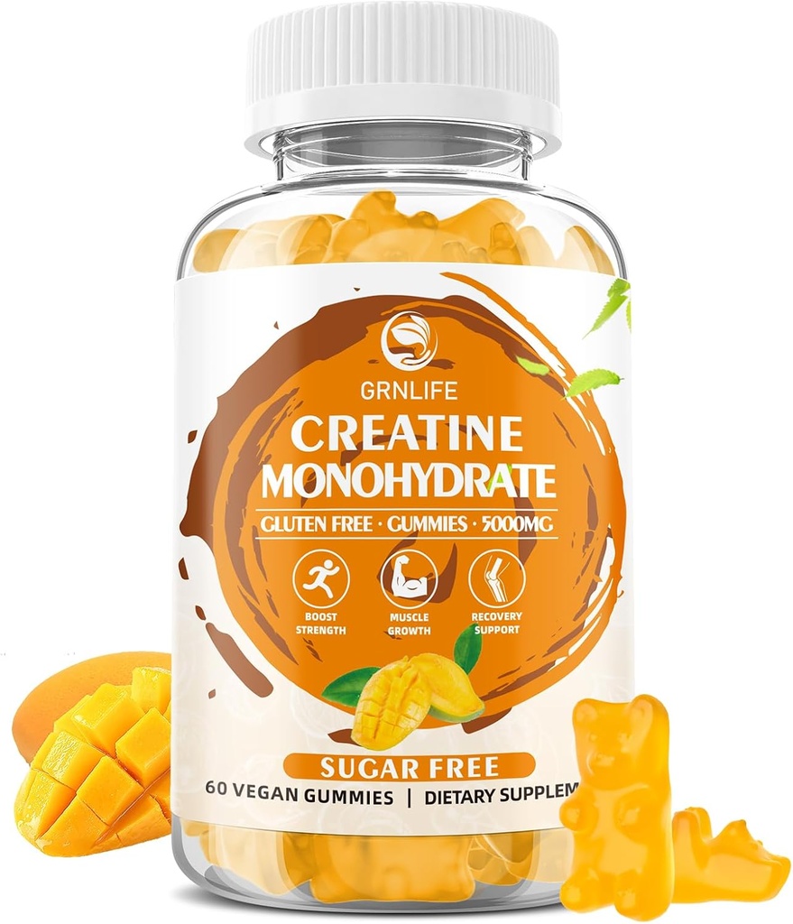 Kreatin Monohydrat-Gummi für Männer & Frauen, Chewables Creatine Monohydrate für Muskelkraft, Muskelaufbau, Energie Boost, Zuckerfrei, Vegan, Mango Flavor-60 Count