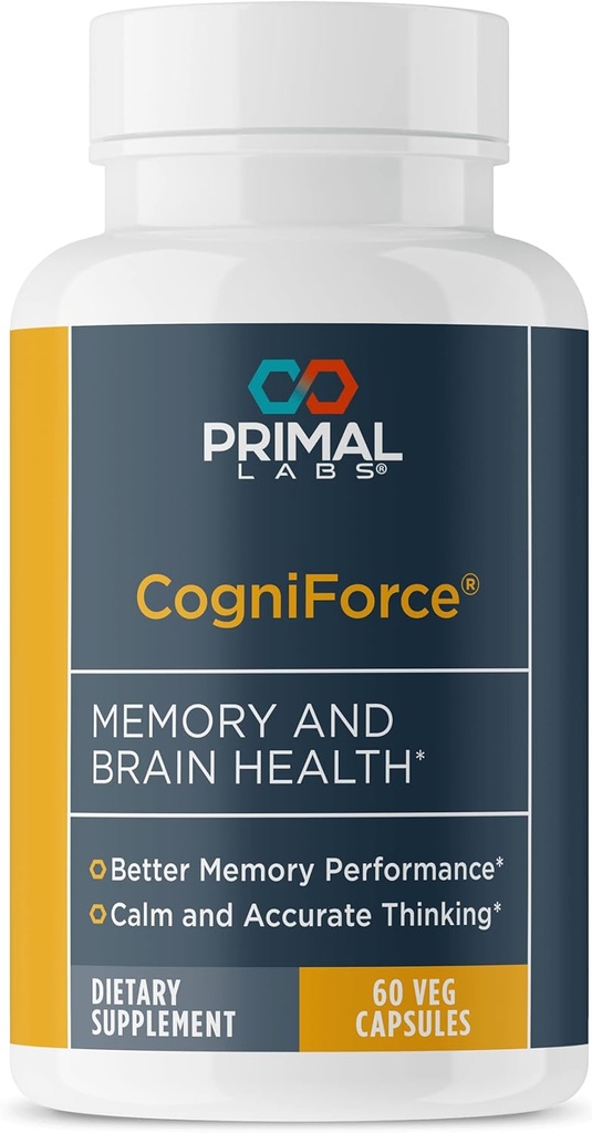 Primal Health CogniForce - Mémoire et santé du cerveau - acétyl L-Carnitine Formule - Meilleure performance cognitive - Clarté + Focus + Meilleur rappel + Pensée calme - Supplément diététique - 60 capsules