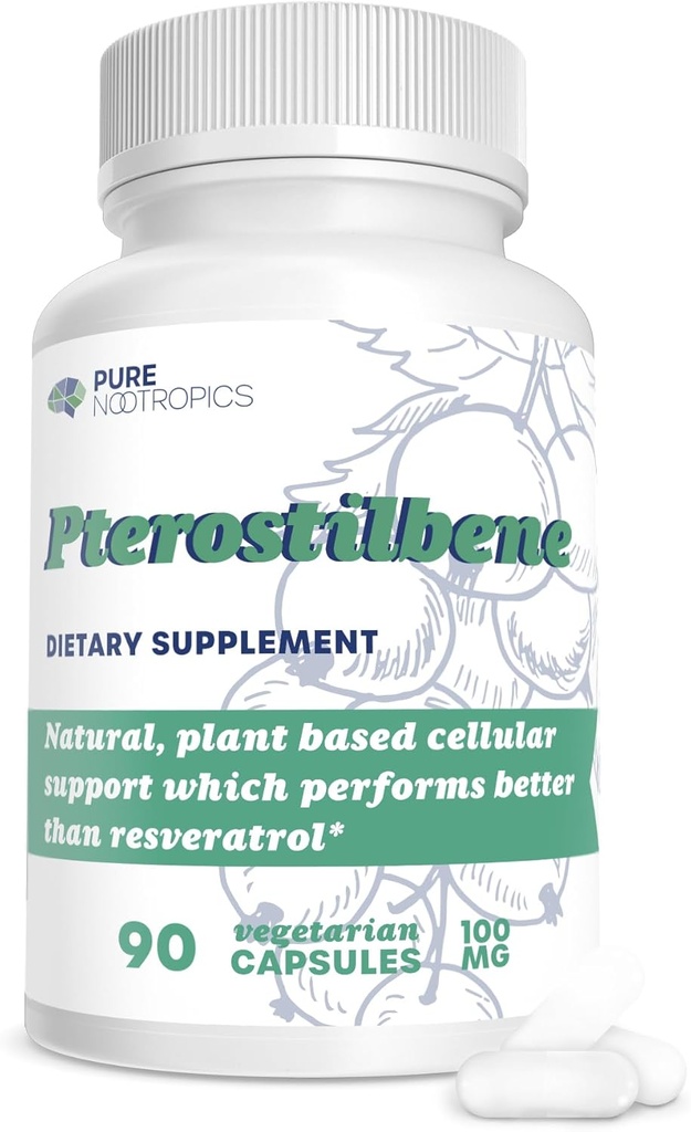 Pure Nootropics - Pterostilbene 100 mg Kapseln (90) | Pflanzenbasierte Unterstützung für zelluläre Gesundheit | im Haus & Rigorous 3rd Party Testing für höhere Reinheit & Potenz