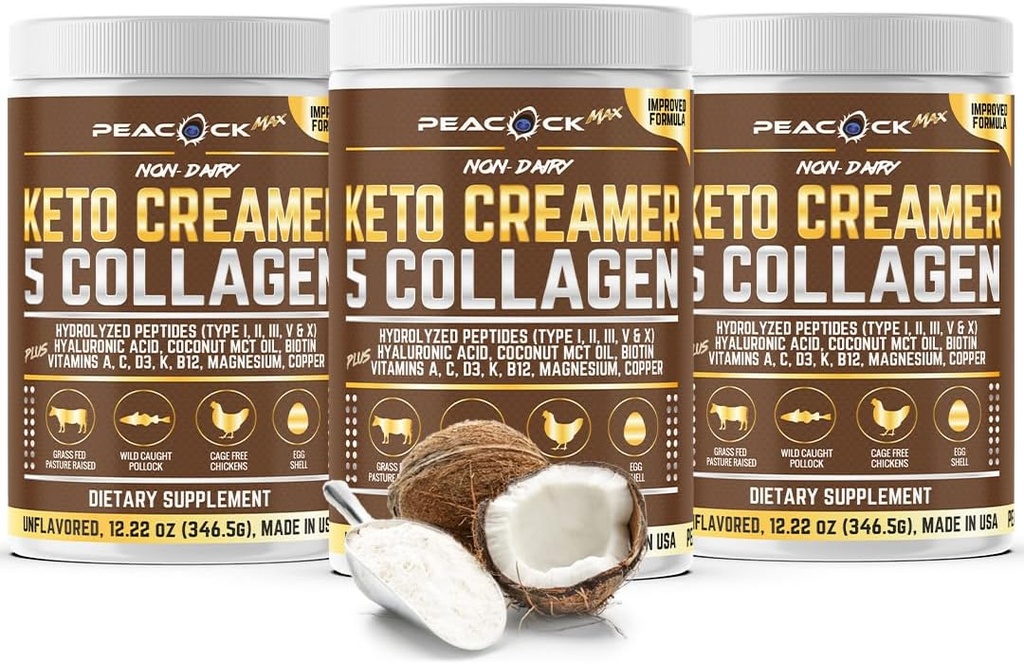 Collagène Kéto poudre crème café 12.22 oz, boîte de 3, peptides de collagène hydrolysé avec noix de coco MCT Huile, Magnésium, poudre de protéines non aromatisée, crème café sans sucre pour les smoothies