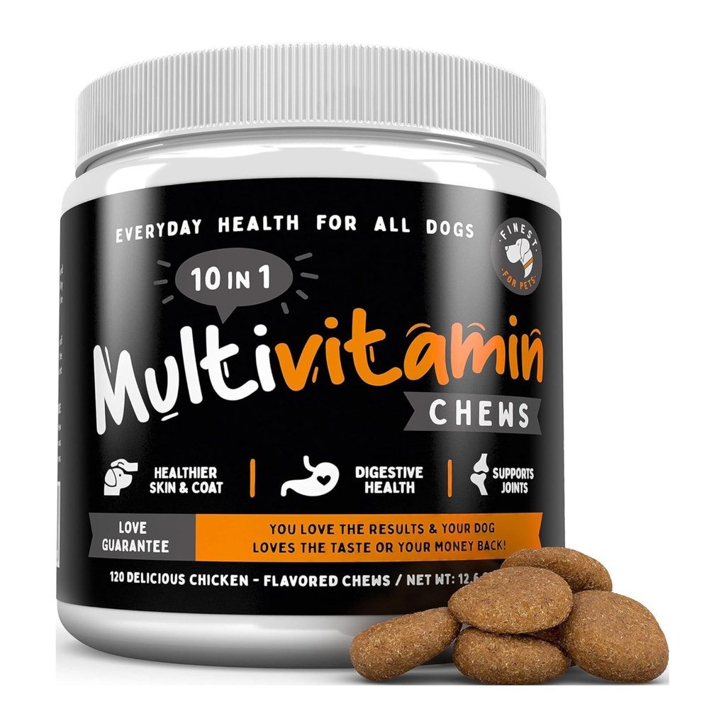 Finest für Haustiere Multivitamin Hundeergänzung – 10 in 1 mit Omega Fish Oil & Glucosamine für verbesserte Gelenk- & Skin-Unterstützung, Gut, Verdauung & Immune Jeden Tag Gesundheit (120 Kaubare Bäume)