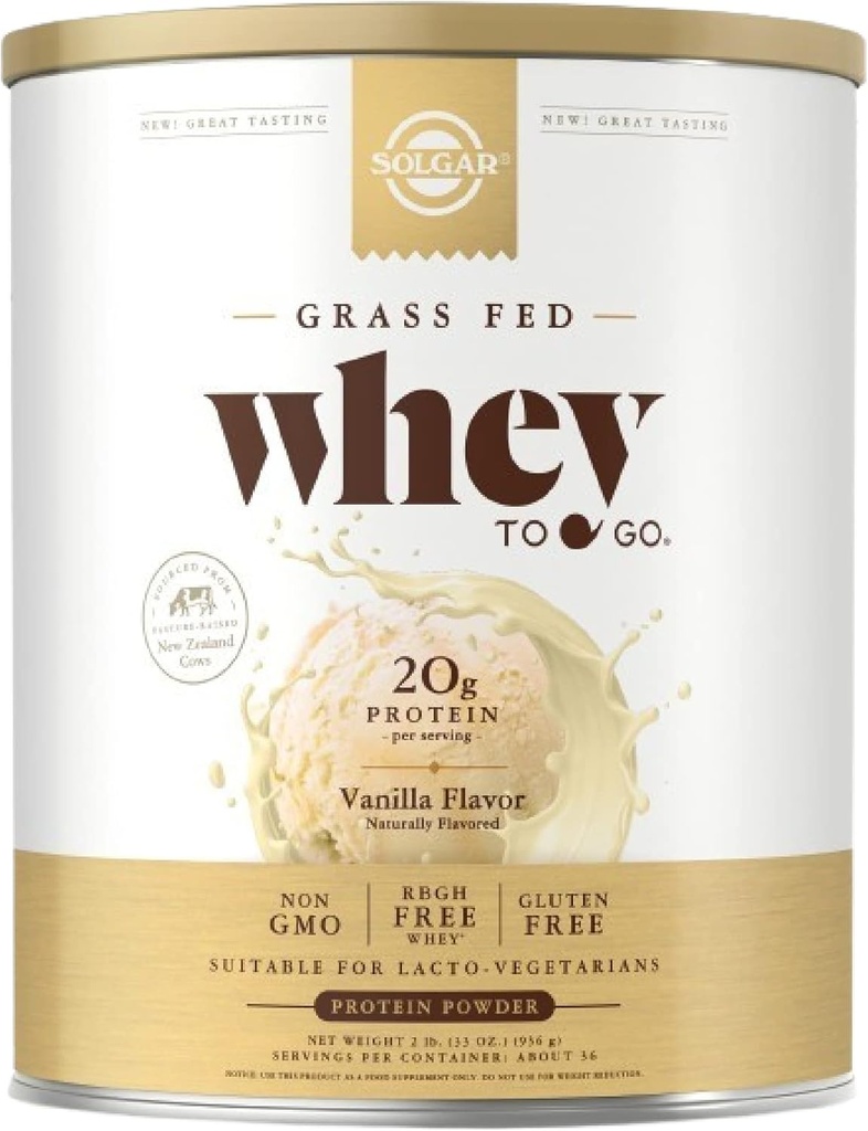 Solgar Grass Fed Whey to Go, Vanilla - 2 lb - Grass-Fed Whey Protein Powder - rBGH Free, Non-GMO, Gluten Free - 36 Servings