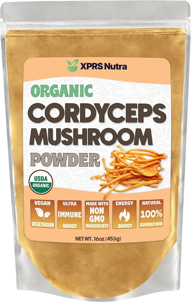 XPRS Nutra Organic Cordyceps Pilzpulver - Premium Cordyceps Pilze - Echte Pilze Cordyceps Pulverergänzung für Energie und Immununterstützung - Vegan-Friendly Pilz Cordyceps (16 oz)