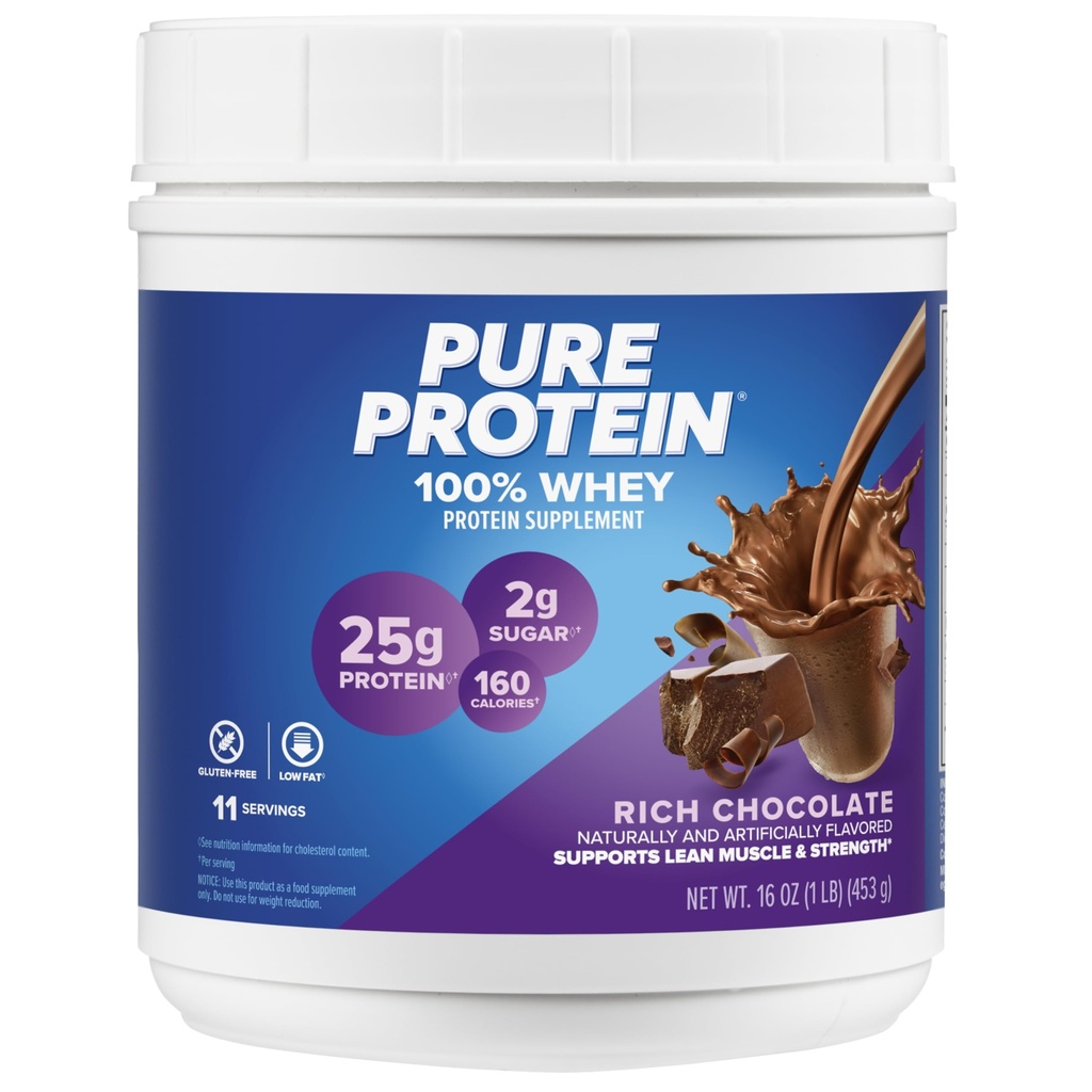 Pure Protein Powder, Whey, High Protein, Low Sugar, Glutenfrei, Rich Chocolate, 1 lb