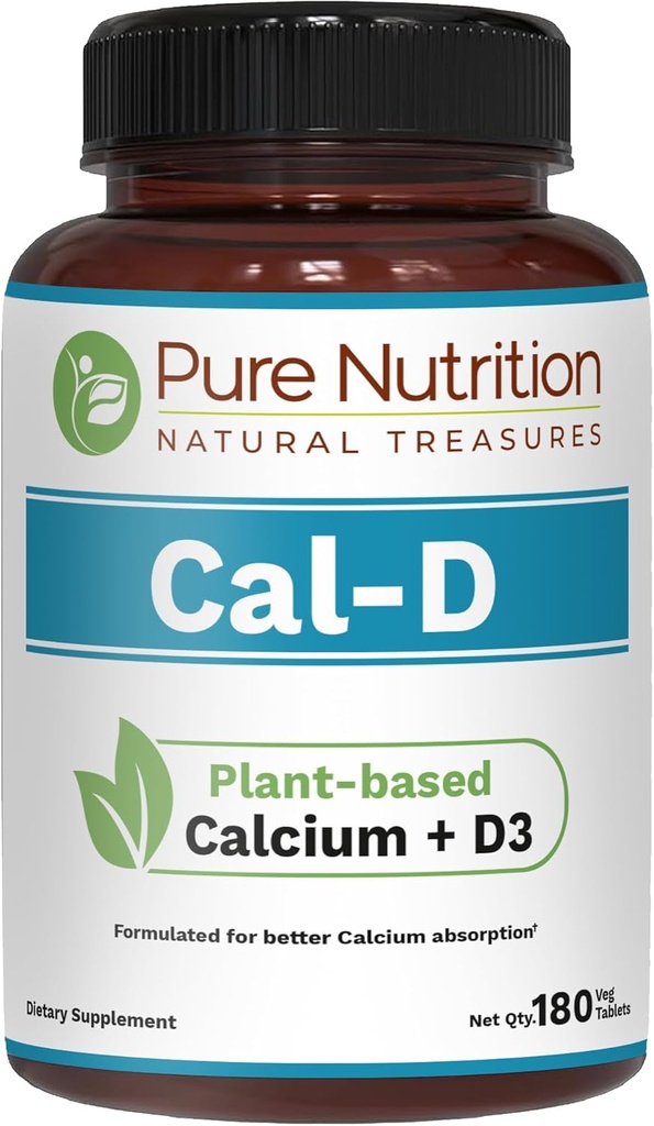 Pure Nutrition Cal D - Pflanzenbasiertes Kalzium mit VIT D3 K2 & Magnesium | 180 Tabs | 500mg Vegan Kalzium pro Servieren | Algen Kalziumergänzung für Knochengesundheit