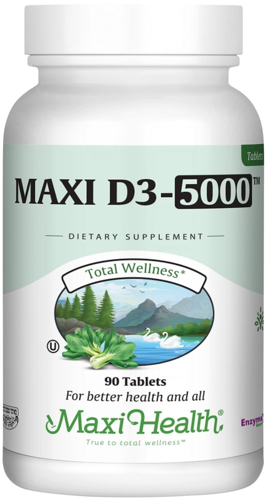 Maxi Health Vitamin D3 5000 IU (125 mcg) - High Dose Vitamin D 5000 IU - Gesunde Knochen, Zähne, Immununterstützung - Kosher Pure High Potency Vit D3 (90 Tabletten)