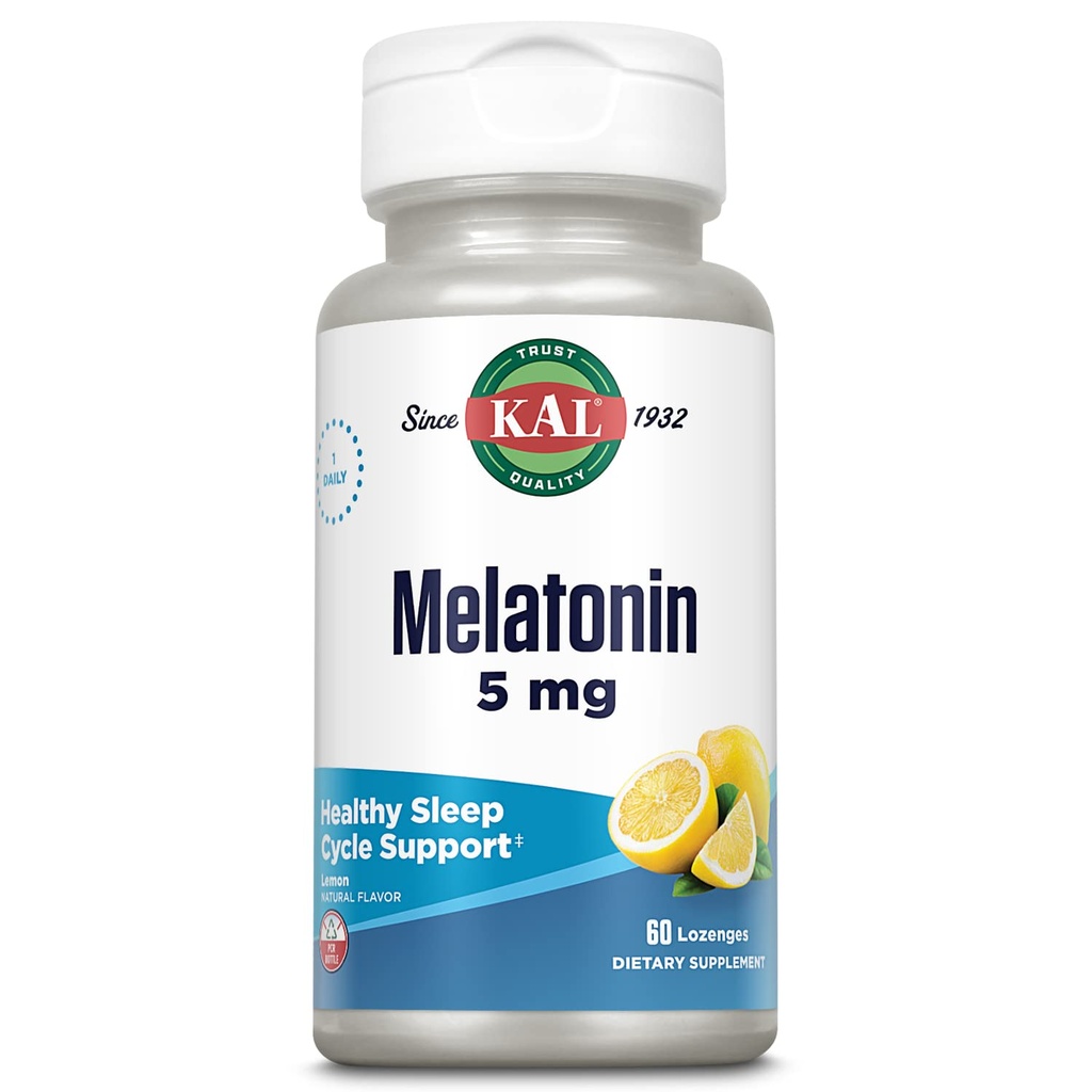 KAL Melatonin 5mg Aide au sommeil Lozenges, supplément Melatonin soutient la qualité du sommeil, la détente calmante et un cycle de sommeil sain, avec la vitamine B6, végétarienne, saveur de citron naturel, 60 Lozenges