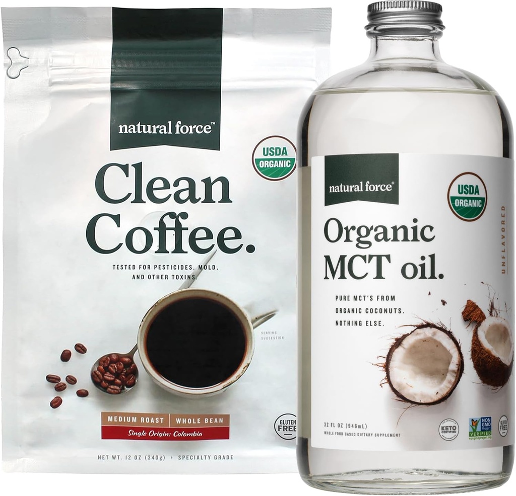 Natural Force Bio Clean Coffee + Organic MCT Oil Bundle – 100% pur Coconut MCTs & Mold & Mycotoxine sans café – Non-OGM, Keto, Paleo et Vegan - 12 Oz Sac et 32 Oz bouteille en verre