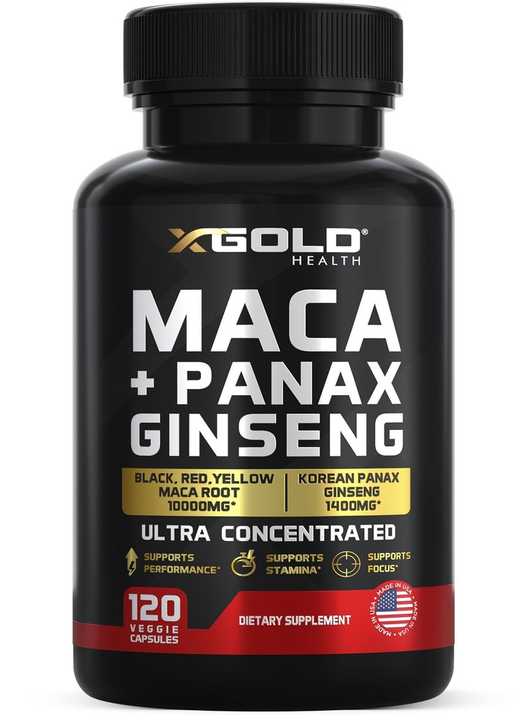 Maca Root Capsules 10.000mg + Korean Panax Ginseng 1.400mg - 20x Konzentrierter Extrakt Schwarz + Rot + Gelb Maca Root, 10x Konzentrierter Extrakt Panax Ginseng Kapseln - Ultra Potent & hochrein