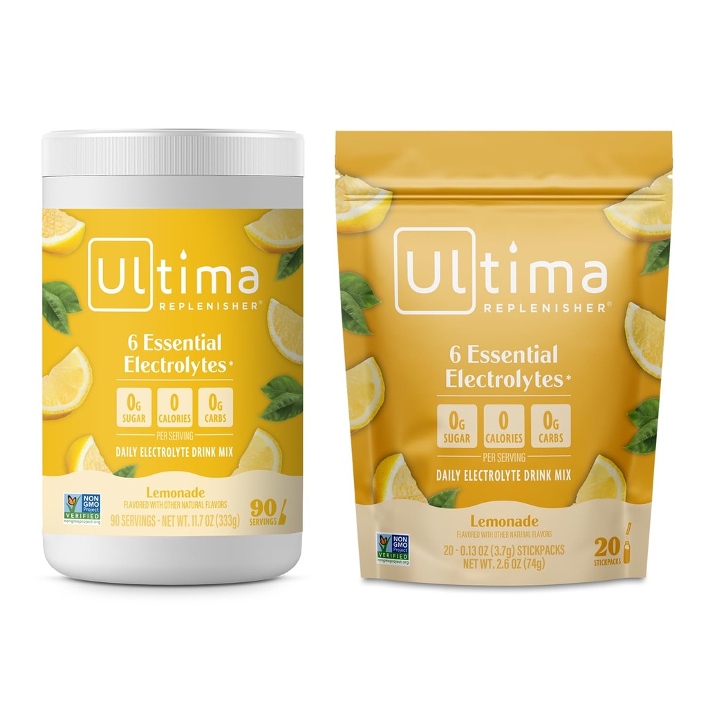 Ultima Replenisher Electrolyte Powder Drink Mix Bundle – Sugar Free – Lemonade, 90 Servierkanister und 20 Stickpacks – 6 Elektrolyte und Mineralien – Keto Friendly, Vegan, Non-GMO