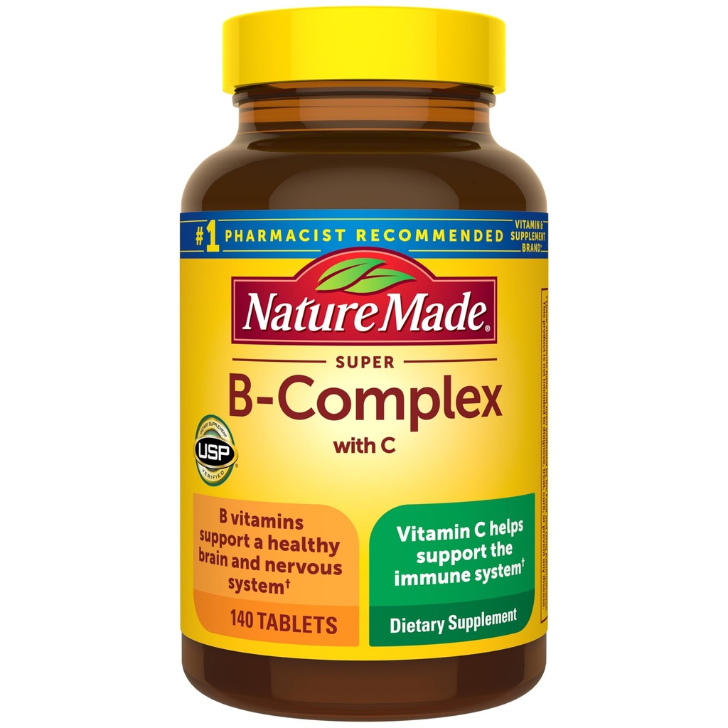 Complexe naturel Super B avec vitamine C et acide folique, vitamine B complexe pour les femmes et les hommes, supplément alimentaire pour le soutien immunitaire, 140 comprimés, 140 jours d'approvisionnement