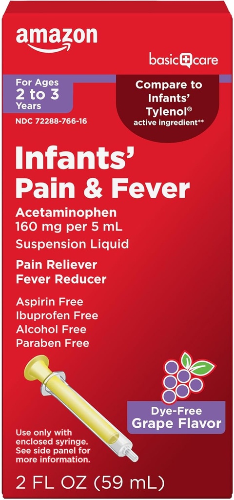 Basic Care Infants' Pain & Fever, Acetaminophen 160 mg pro 5 mL, Suspension Liquid, Dye-Free Grape Flavor, 2 fl oz (Pack mit 1)