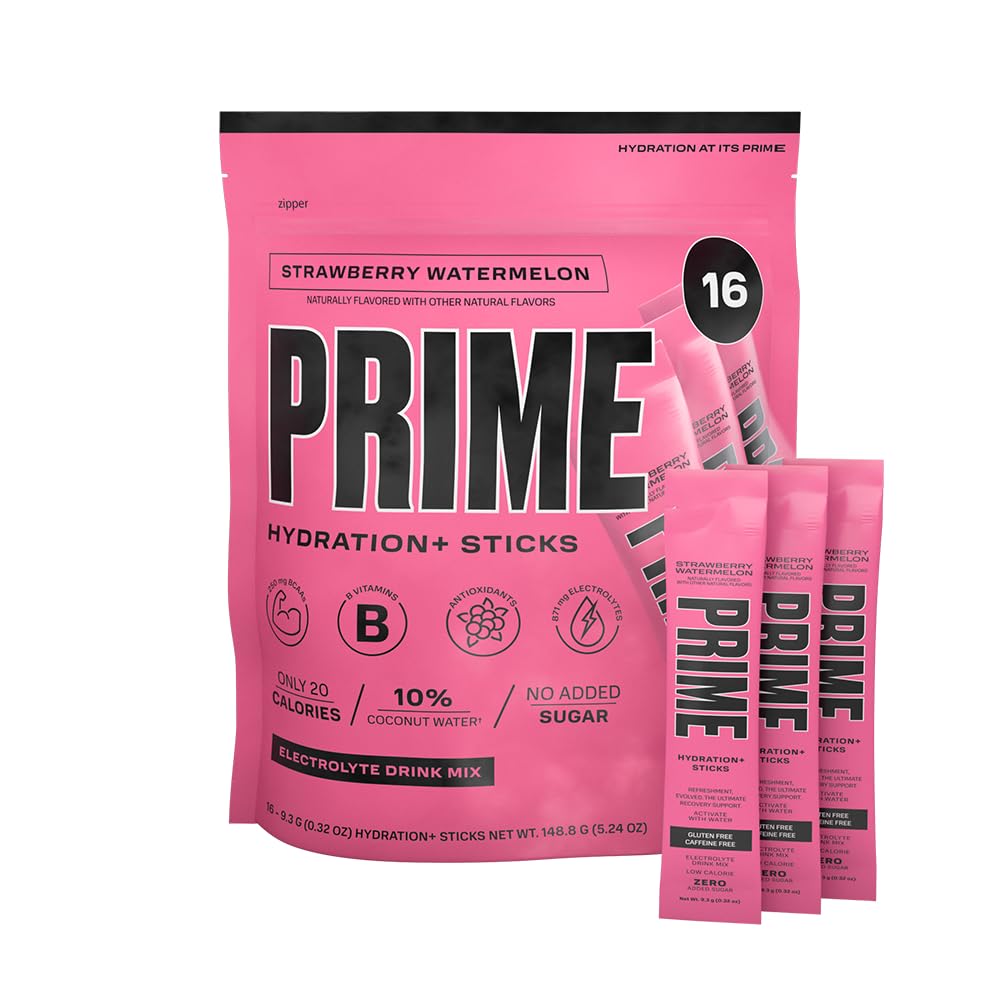 PRIME HYDRATION+ Sticks Erdbeerwassermelone | Hydration Pulver Einzelne Serviersticks | Elektrolyt Pulver auf dem Go | Niedriger Zucker | Koffeinfrei | Vegan | 16 Sticks