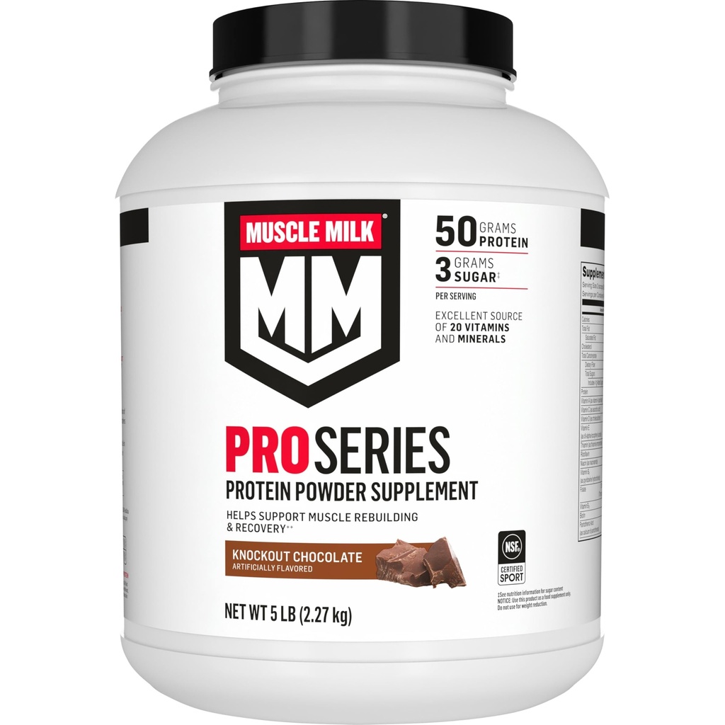 Muscle Milk Pro Series Protein Pulver Supplement, Knockout Schokolade, 5 Pfund, 28 Portionen, 50g Protein, 3g Zucker, 20 Vitamine & Minerals, NSF zertifiziert für Sport, Workout Erholung