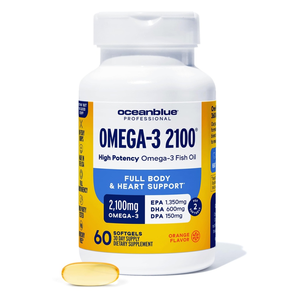 Oceanblue Professional Omega-3 2100-60 Count - High-Potency Triple Stärke Burpless Fish Oil Supplement mit EPA, DHA & DPA - Orange Flavor, 30 Portionen