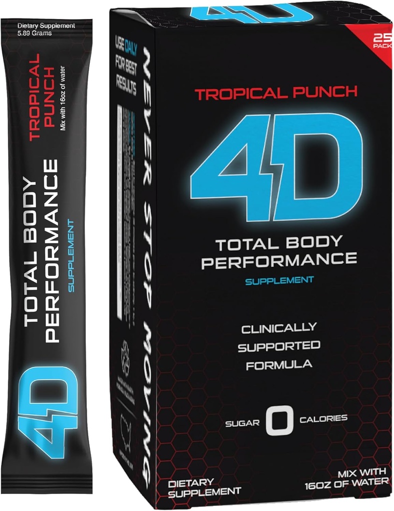 4D - Tropical Punch 25 Unit Box- Vitamine & Energy Powder Packets - Zero Calories & Sugars - Glutenfrei, Non-GMO, Keto & Vegan freundlich
