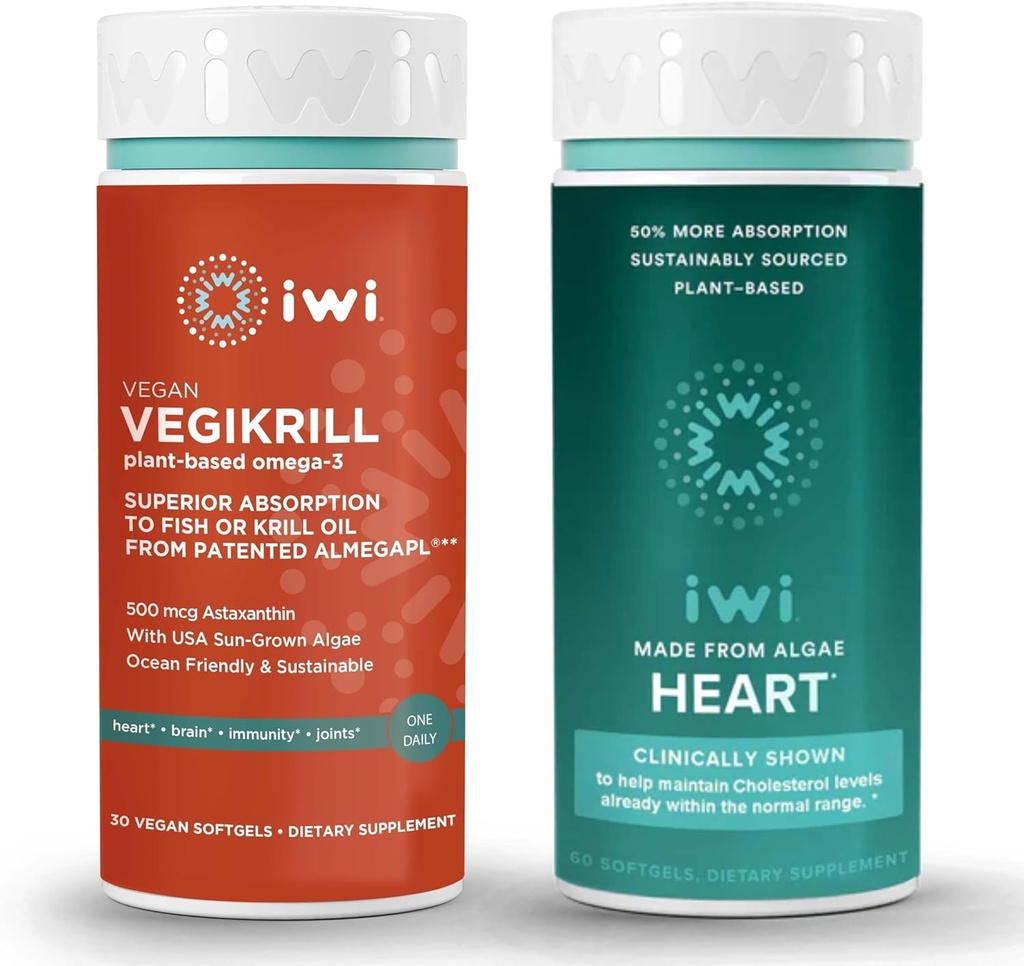 iwi Life Vegikrill & Heart Omega-3 Bundle, 30 Servierungen, Vegan pflanzenbasierte Algen Omega 3, Krill & Fisch Öl Alternative, keine Fishy Nachgeschmack