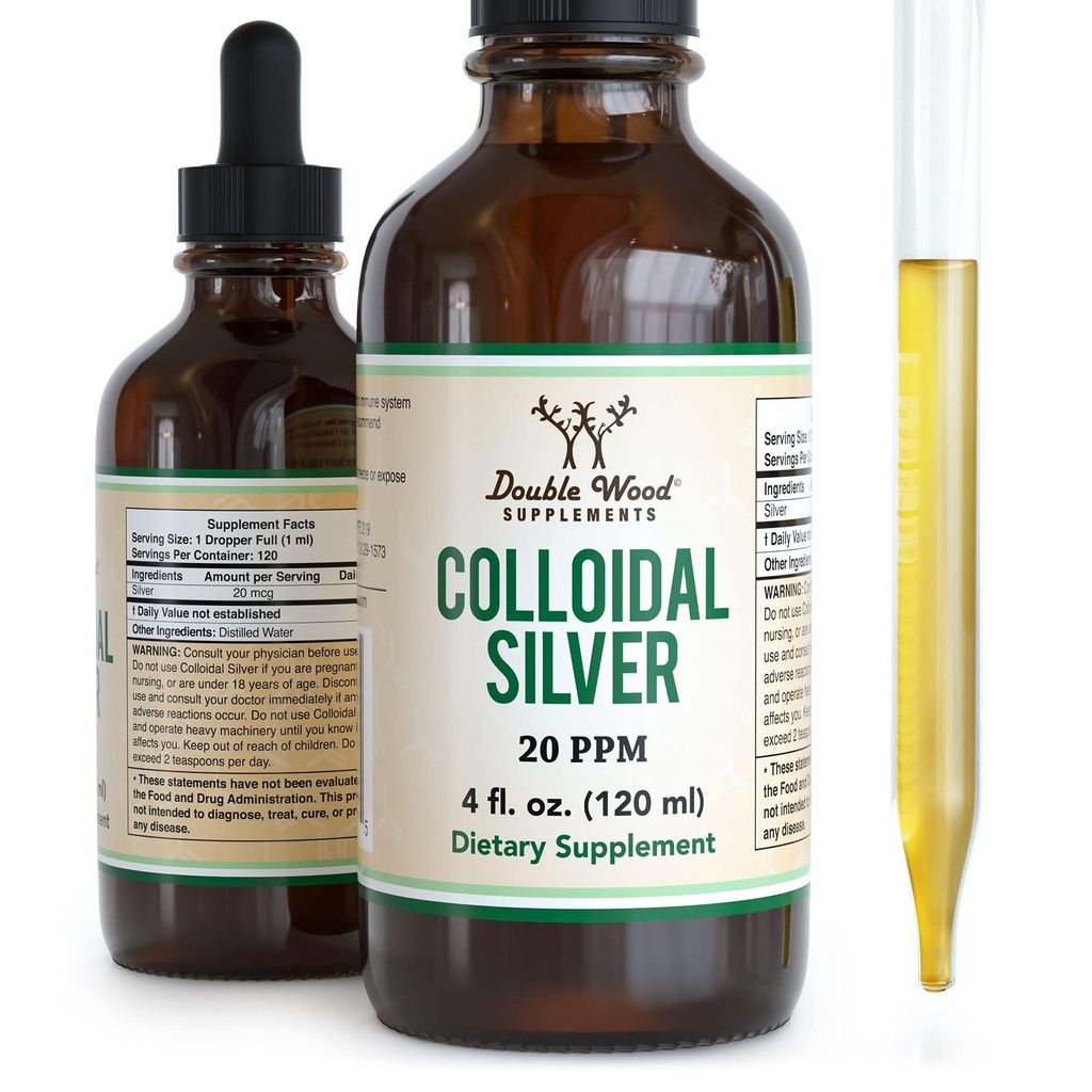 Kolloidale Silberflüssigkeit 20 PPM - 4 Fl OZ (Plata Coloidal with Dropper) 99,9% Rein, Glutenfrei, Non-GMO von Doppel-Holz-Ergänzungen