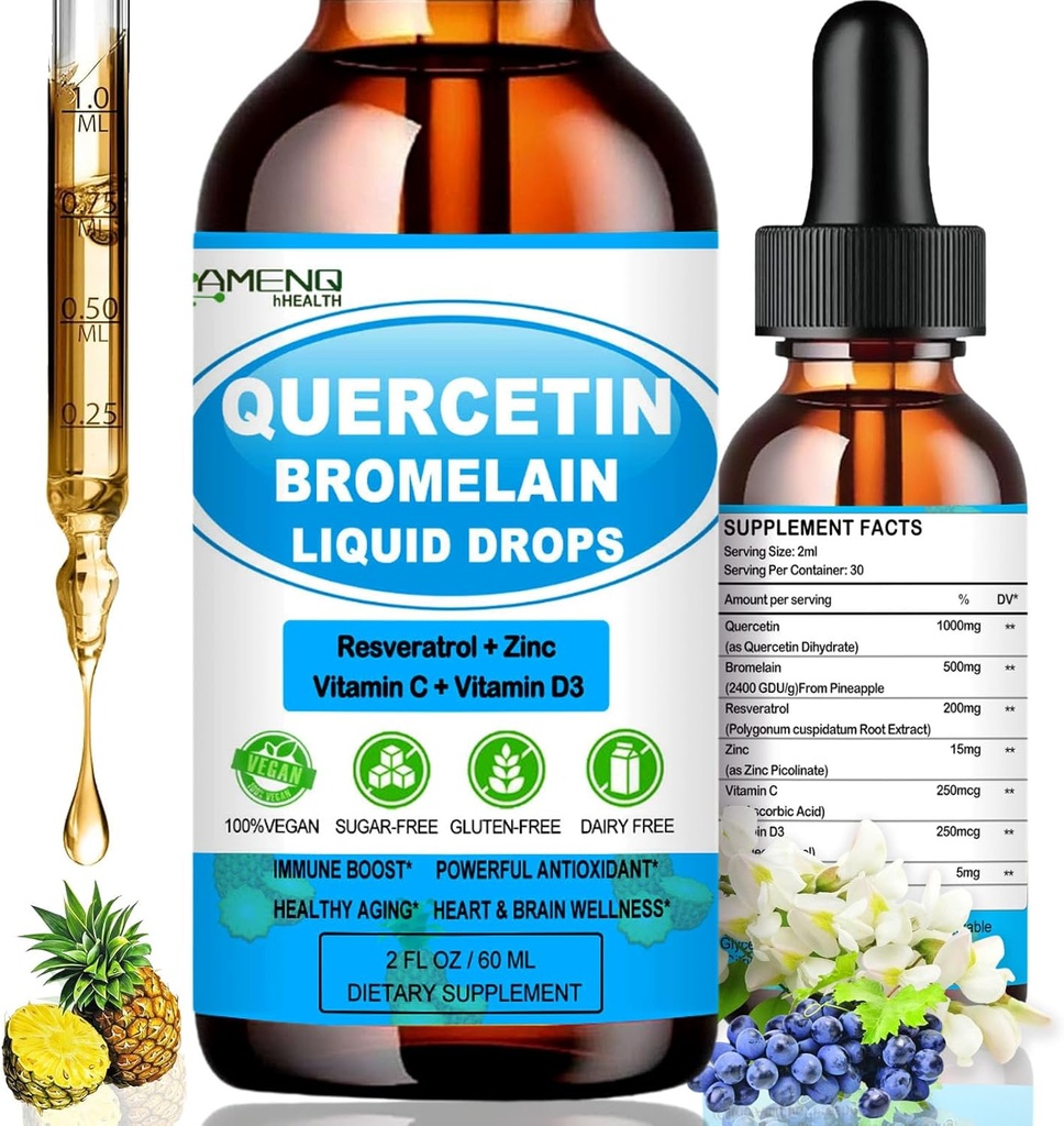 Quercetin mit Vitamin C und Zink - Quercetin Flüssigkeitstropfen - Quercetin mit Bromelain - Zink Quercetin - Immununterstützungsergänzung für respiratorische Gesundheit & Körper Antwort auf okziale Allergien