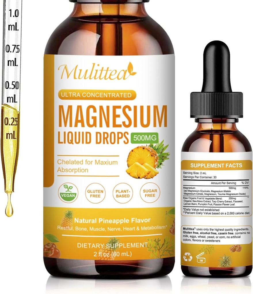 Pertes liquides de magnésium - Supplément complexe de magnésium 5-en-1 à haute absorption avec glycinate de magnésium, malate, citrate, taurate - pour os, muscles, nerfs et énergie - végétalien, sans sucre, 2 fl.oz