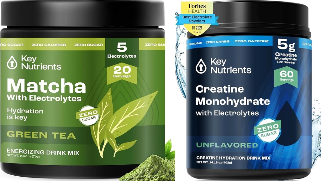 KEY NUTRIENTS Matcha Powder & Creatine Monohydrate Bundle – Thé vert Matcha non sucré (20 portions) + supplément en poudre de créatine micronisée (60 portions) – Boost Energy, Focus & Performance