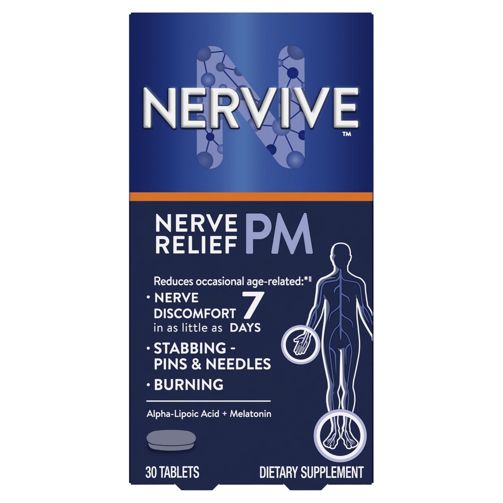 Nervive Nerve Relief PM, occasionnel Nerve Disconfort II, aide au sommeil, commence à travailler dans 7 jours, stabbing, brûlure, acide alpha lipoïque, mélatonine, vitamine B, curcuma, gingembre, supplément nerveux, 30 ct