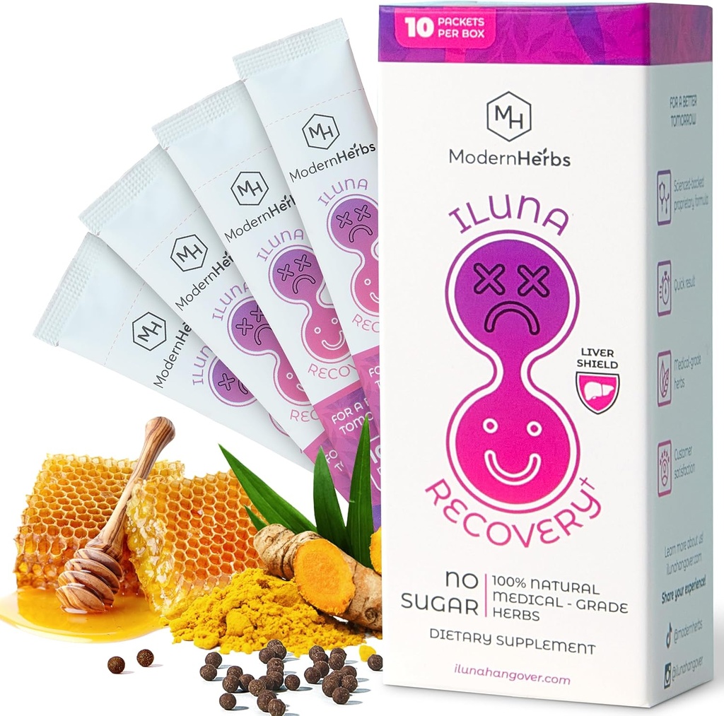 ILUNA Erholung Fast-Acting Kräuter Hangover Relief – Premium Milchdistel mit Detox Kräuter & natürliche Kieselsteine – Leberunterstützung & Entzündung Balance – Max Strength (10 Pk)