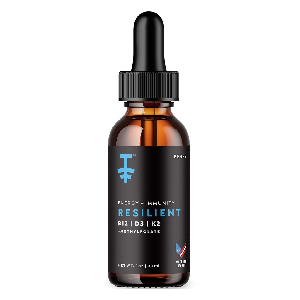 PROTEKT Resilient Vitamin D3 K2 B12 Tropfen - Flüssige B12 K2 D3 Vitaminergänzung mit Methylfolat, Flüssige Tropfen für Energie und Erholung, Methy Folate für Schlaf & Stimmung - Natürliche Berry 30mL