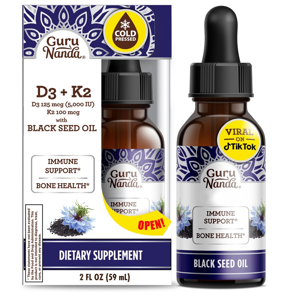GuruNanda Black Seed Oil, Cold-Pressed Nigella Sativa - Reich an Vitamin D3 5000 Units, K2 & E, High Thymoquinone | Potent Antioxidans für Immununterstützung, Non-GMO, 2 Fl.oz