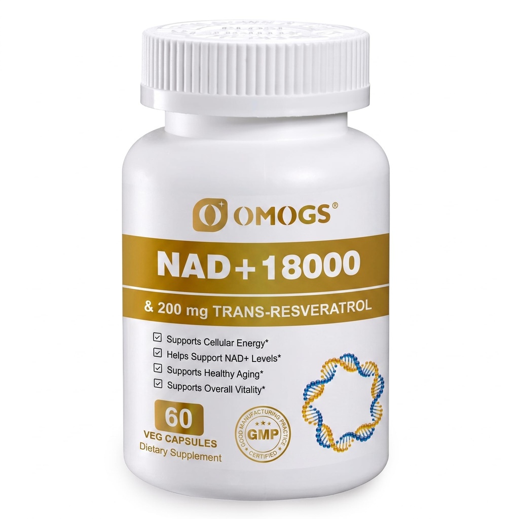 OMOGS NAD+ 300 mg + Trans-Resvératrol 200 mg, Supplément NAD pur, Absorption maximale, Supplément de stimulation pour la réparation de l'ADN, Vieillissement en santé, Énergie cellulaire et Longévité, 60 Capsules